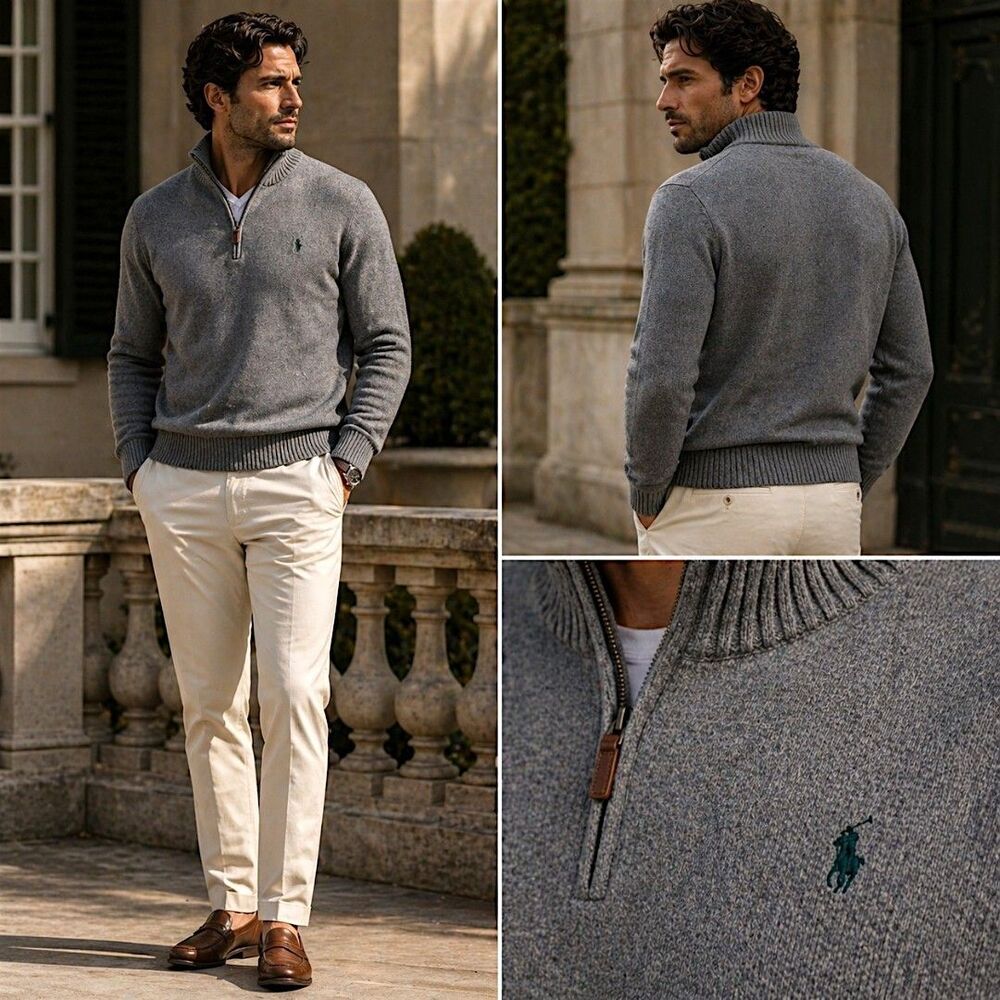 Polo Ralph Lauren XXL Men’s Quarter Zip Sweater Gray Pony Logo Pullover Cotton